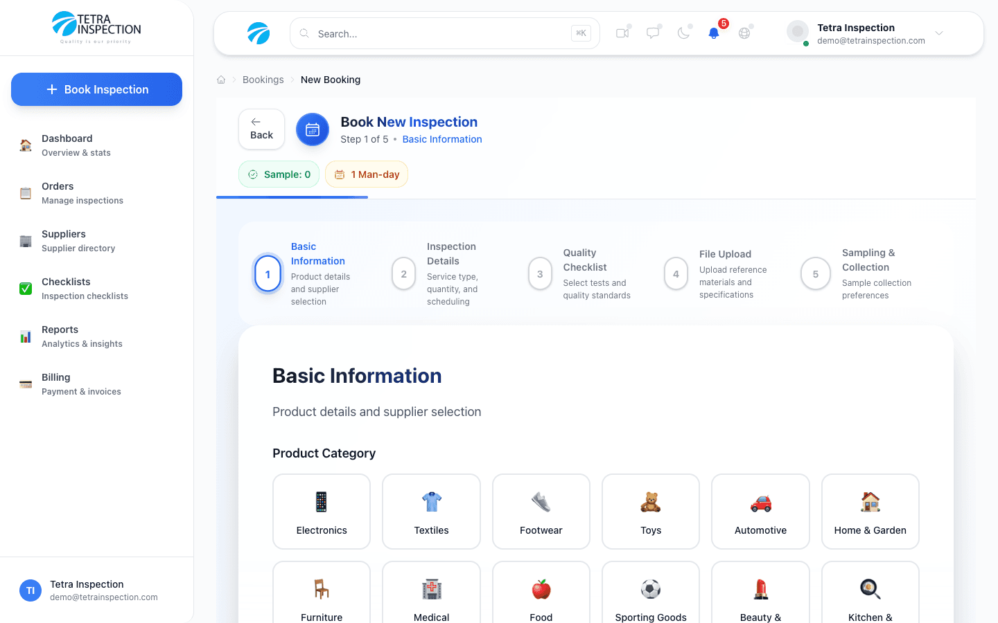 Book inspection form — Step 1: Basic information