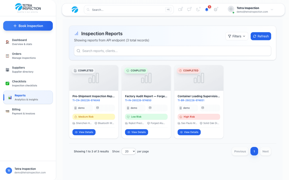 Lista de informes de inspección con acceso inmediato