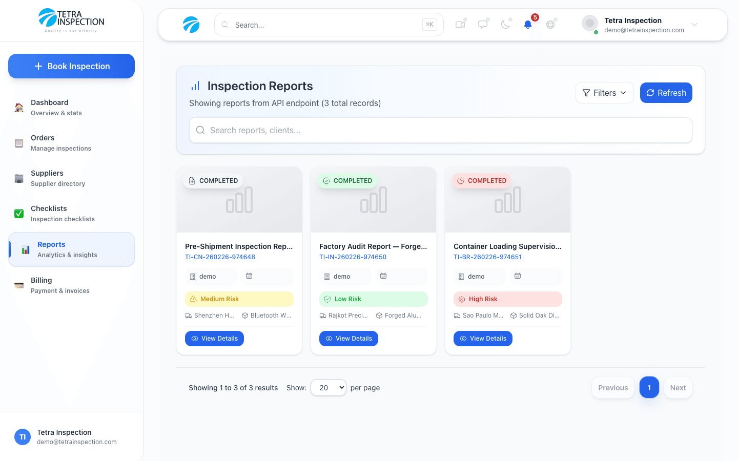 Inspection reports list with instant access