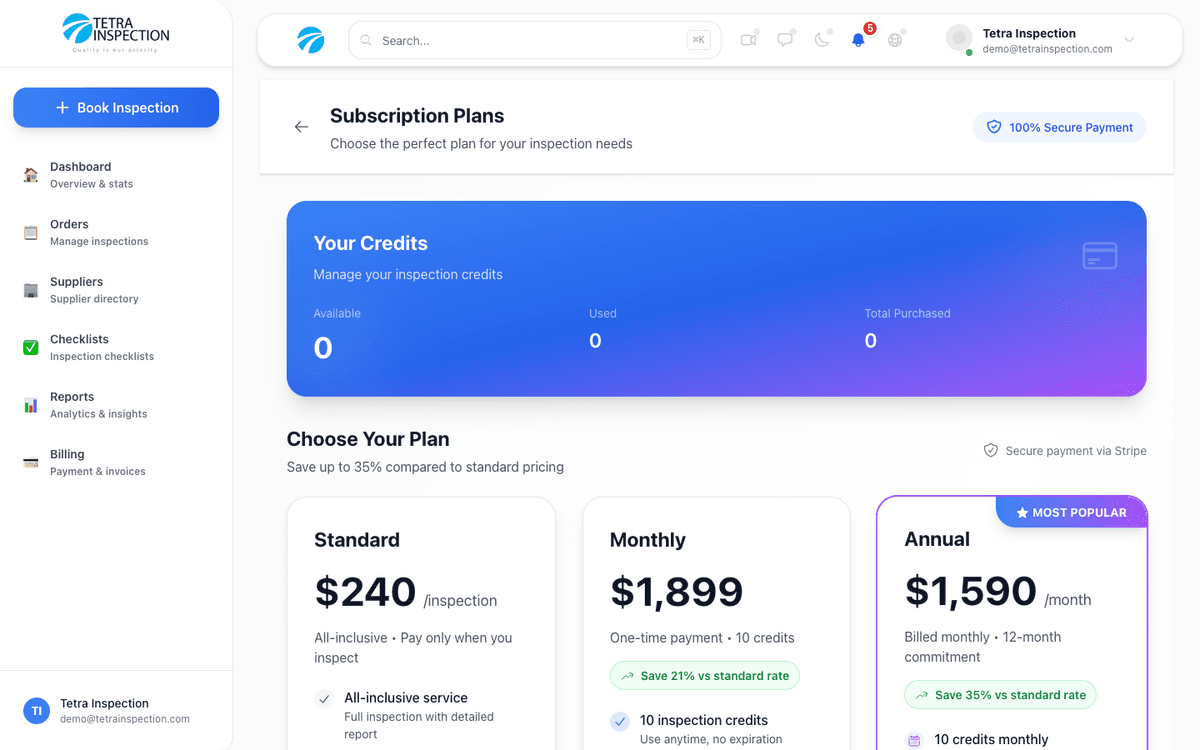 Tetra Inspection portal subscription management screen