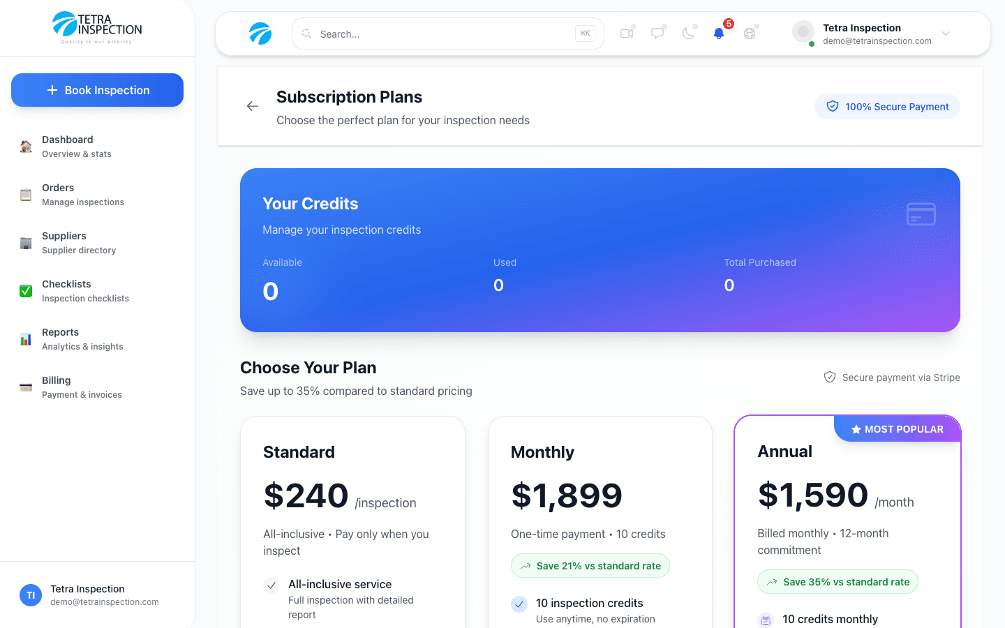 Tetra Inspection portal subscription management screen