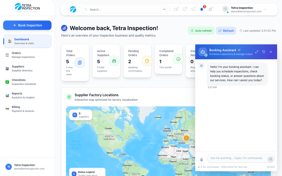 Interface de l'assistant IA — réserver des inspections, consulter des statistiques et gérer des fournisseurs par chat